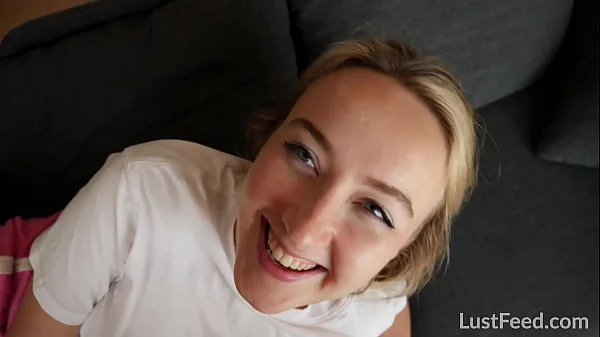 Innocent new teen Ann Joy's amateur sex tape - she uses a sex toy while she fucks and gets a creampie