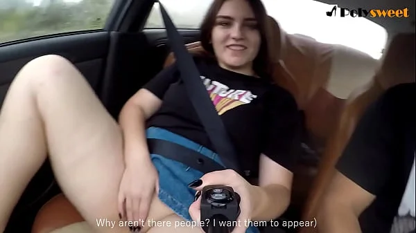 Public masturbation of a brunette in a car on the go. (eng sub)