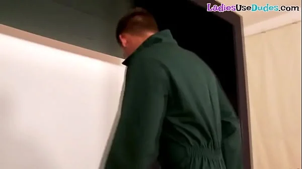 Busty femdoms pegging submissive boyfriend in ffm threesome