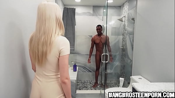 She sucks her roommate's big black cock in the shower